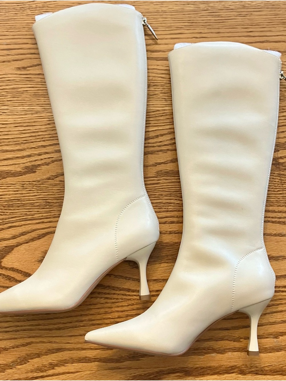 Women's Cream Knee-High Pointed Toe Heeled Boots